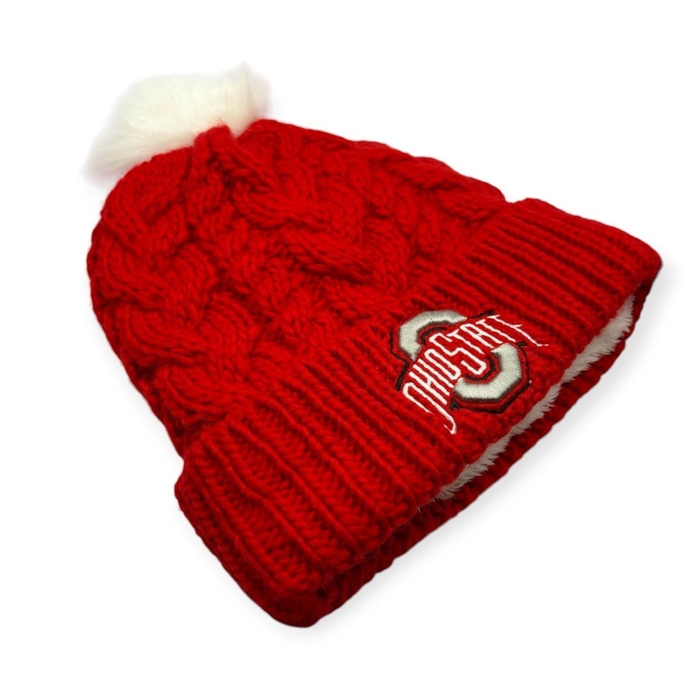 New Era Ohio State Buckeyes Pom Cable Knit Beanie Red OS Fleece Lined Hat - Picture 2 of 10